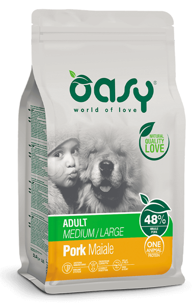 Alimento secco monoproteico Oasy per cani adulti di taglia media e grande, gusto maiale