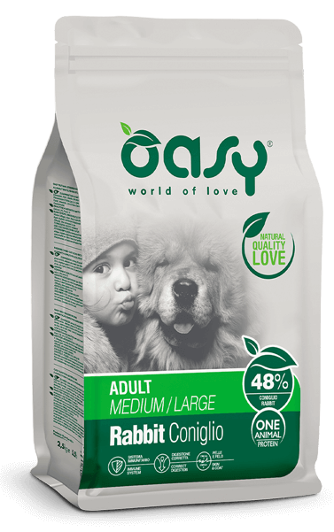 Oasy One Animal Protein, alimento completo per cani adulti di taglia media e grande di 1 anno o più. Gusto coniglio.