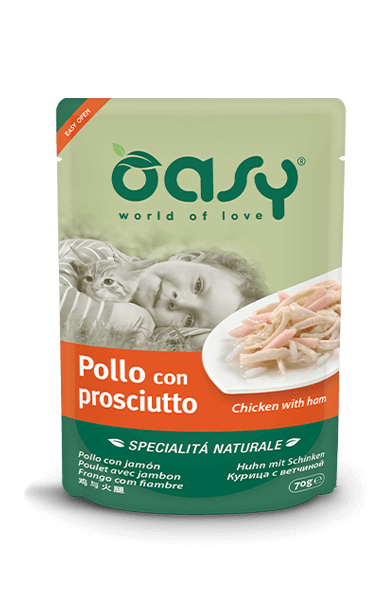 pollo con prosciutto cibo umido per gatti oasy