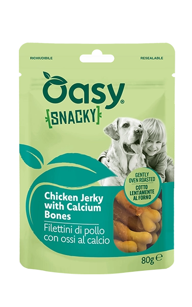 Snacky - Filettini di pollo con ossi al calcio - Snack per cani Oasy
