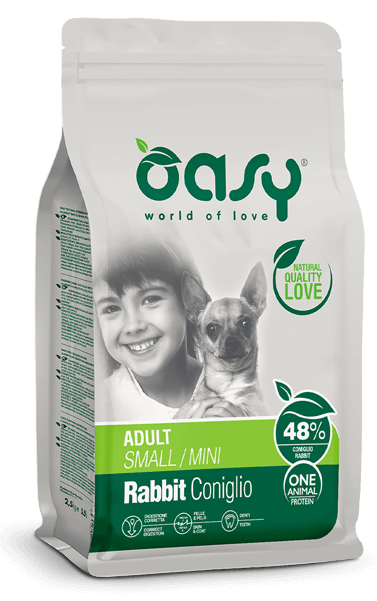 Oasy One Animal Protein, alimento completo per cani adulti di taglia piccola di 1 anno o più. Gusto coniglio.