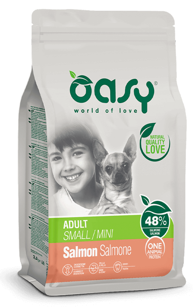 Oasy One Animal Protein, alimento completo per cani adulti di taglia piccola di 1 anno o più. Gusto salmone.