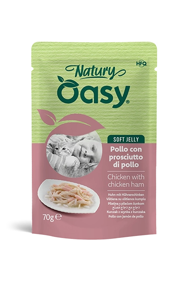 Oasy Natury Soft Jelly - Pollo con prosciutto di pollo - Cibo umido naturale per gatti