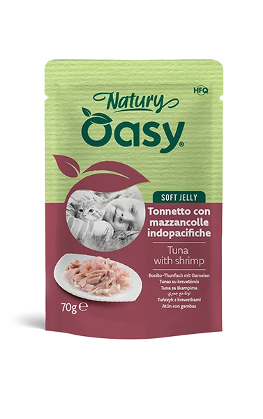 Oasy Natury Soft Jelly - Tonneto con Mazzancolle - Cibo umido naturale per gatti