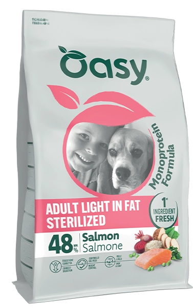 cibo secco monoproteico per cani oasy | adult light in fat sterilized salmone