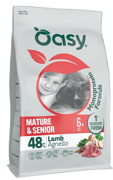 Cibo secco monoproteico Oasy per cani adulti di 6 anni o più al gusto agnello.